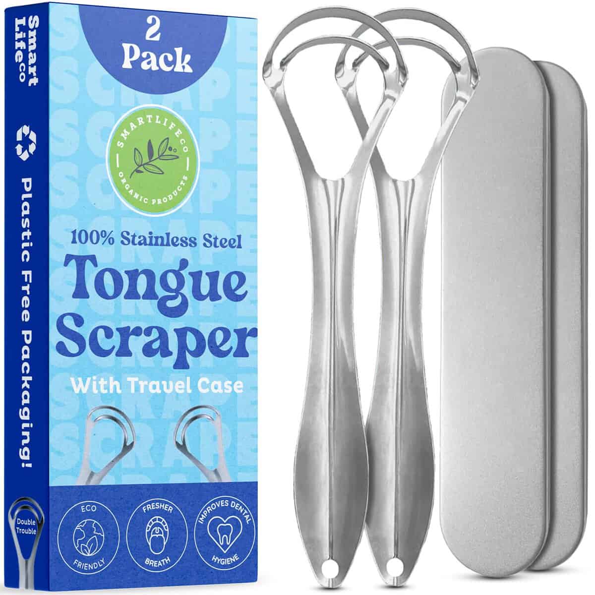 Tongue Scraper For Adults & Kids - 2 Pack Stainless Steel Tongue Scraper Travel Metal Case | Mouth Cleaner For Bad Breath Treatment | Best Disposable No Plastic Scrubber | Oral Care Hygiene Essentials