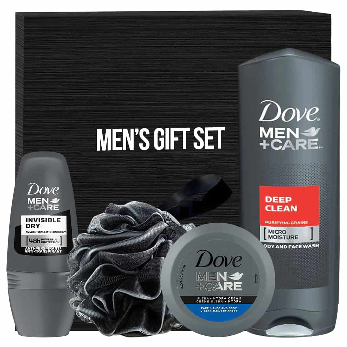 Dove Men+Care Essentials Holiday Christmas Gift Set for Men, Includes Invisible Dry Deodorant, Ultra Hydra Cream, Deep Clean Body Wash and Loofah in Gift Box