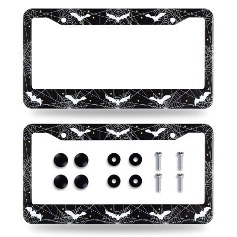 Gothic Goth License Plate Frame Set – Stainless Steel, Rust-Proof, Colorful, with Bat & Spider Web Design.