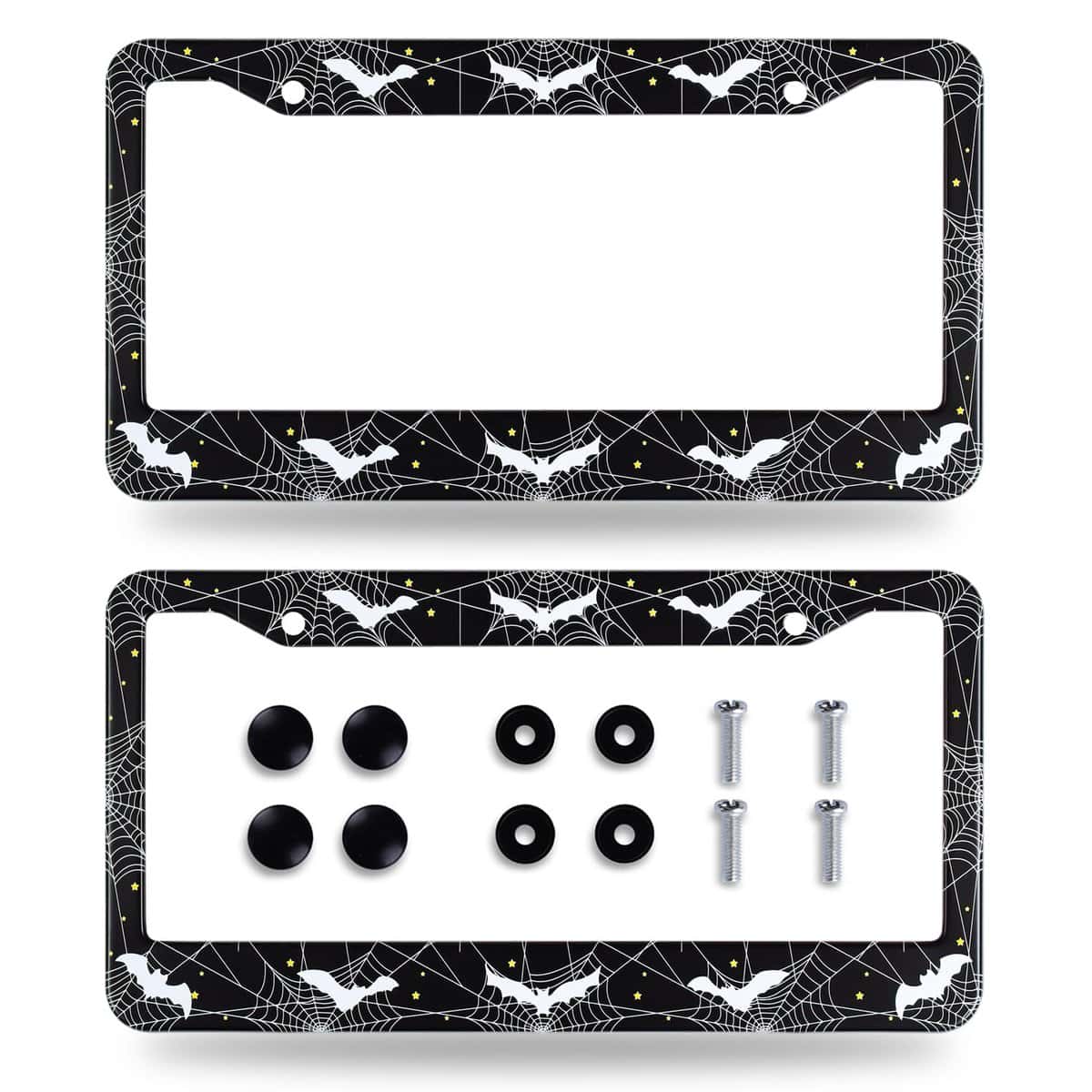 2Pcs Bat Spider Web License Plate Frame Gothic Goth License Plate Holder Stainless Steel Rust-Proof Auto Parts Colorful License Plate Cover Decoration with Screws Size 12.3" x 6.3" for Men Women Gifts