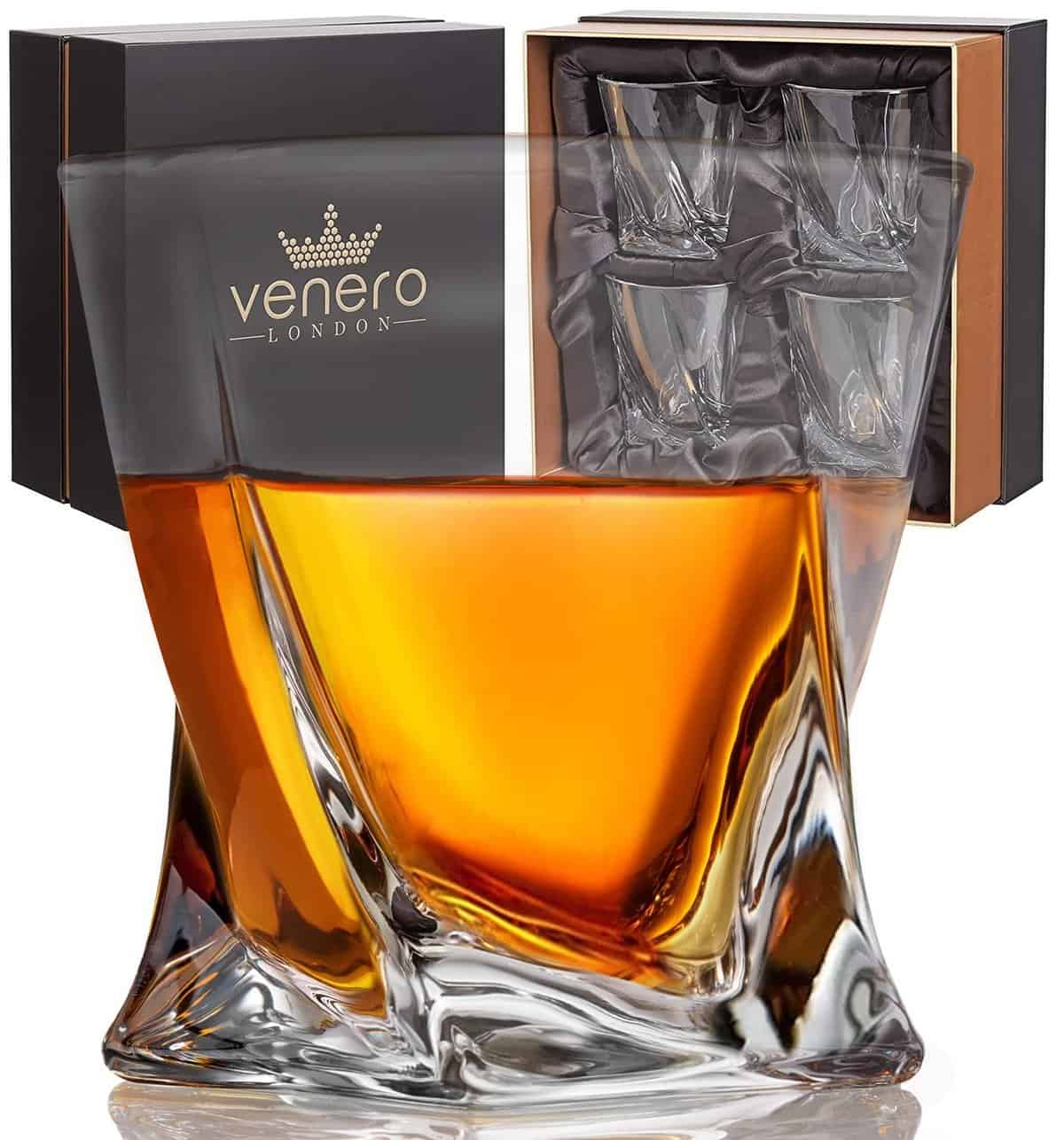 Venero London Venero Crystal Whiskey Glasses, Gift Set of 4 Bourbon Glasses in Luxury Satin-Lined Gift Box - 10 oz Scotch Glass Tumblers - Rocks Glasses for Drinking Bourbon, Scotch Whisky, Cocktails, Cognac