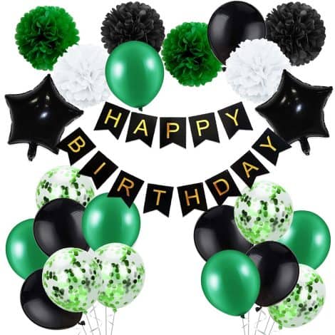 Celebrate with Rabbmall’s vibrant Birthday Decor Set for guys – green and black themed, including banners, balloons, and ribbons.