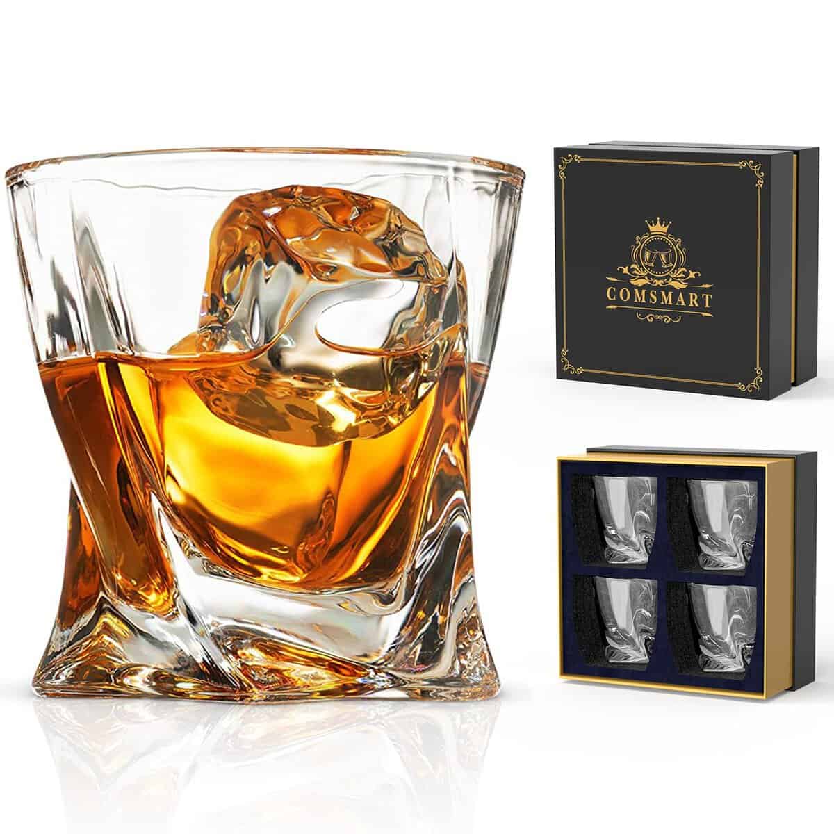 Comsmart Whiskey Glass Set of 4 with Luxury Box, 10 oz Crystal Old Fashioned Lowball Rocks Glasses, Gift for Men Drinking Scotch Bourbon Cocktail Liquor Vodka Malt Cognac