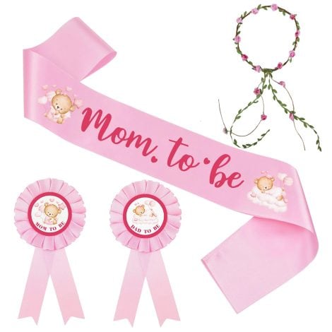 Bear-themed “Mom To Be” sash, “Dad To Be” badge, flower crown tiara for gender reveals, baby shower decor, gifts.