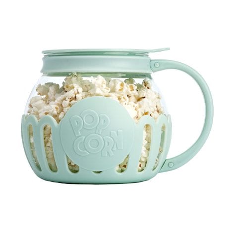 Eco-Friendly Micro-Pop Popcorn Popper: Glass bowl with lid, measures kernels, melts butter, BPA-free, dishwasher safe.