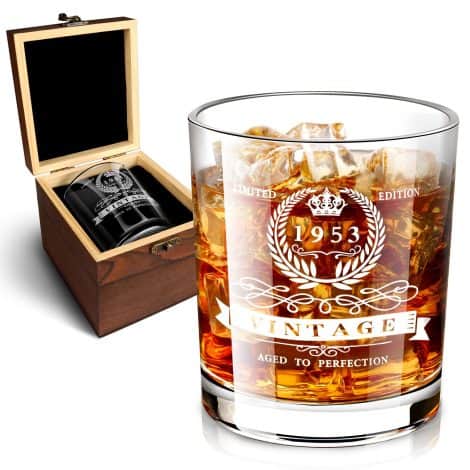 70th Birthday Whiskey Glass Set: Elegant 1953 Glass in Wooden Box, Perfect Gift for Dad, Husband, Friend!