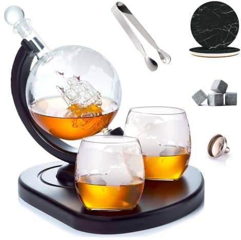 Globetrotter Whiskey Set: Includes 2 etched glasses, whiskey stones, ice tong, coasters, funnel, and wood stand. Perfect gift for men, dad, husband.