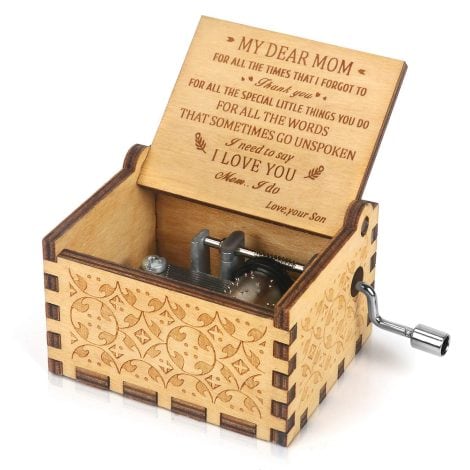 “Sunshine Serenade: Personalized Vintage Music Box for Mom’s Birthday – Hand Crank, Engraved, Dear Son’s Gift”