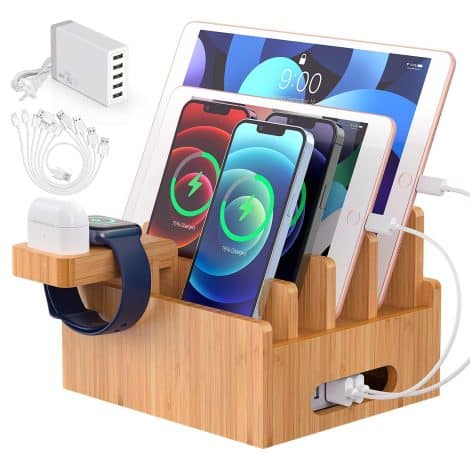 Bamboo Docking Station: Conveniently charges multiple devices, includes USB ports, cables, and a stand for smartwatch and earbuds.