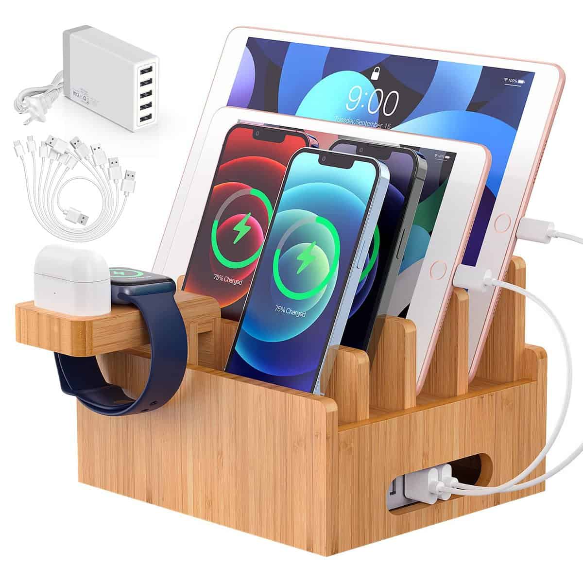 Bamboo Charging Station for Multiple Devices with 5 Port USB Charger, 6 Cables and Smart Watch & Earbuds Stand. Pezin & Hulin Desk Docking Stations Electronic Organizer for Cell Phone, Tablet