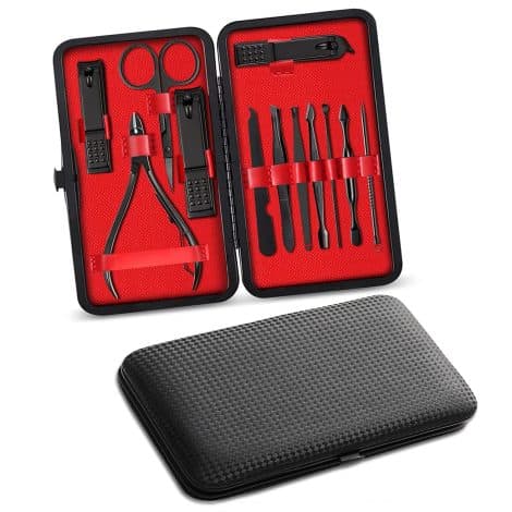 MUIIGOOD’s Deluxe Nail Care Set is a sleek black 12-piece grooming kit, perfect for on-the-go use.