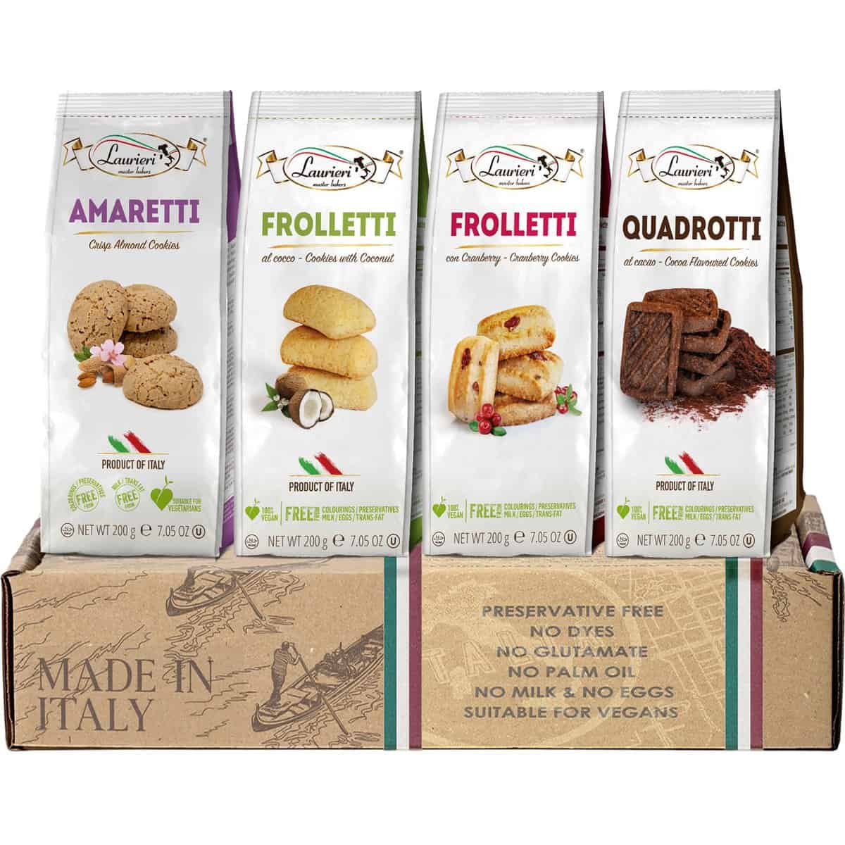 Italian Cookies Gift Box - Pack Of 4 - Christmas Cookies Gift from Italy - Amaretti, Frolletti, Quadrotti - Shortbread Cookie and Pastry Sampler - Sharing Size - Coconut, Almond, Cranberry and Cocoa Flavors - Kosher, Vegan, Preservatives Free