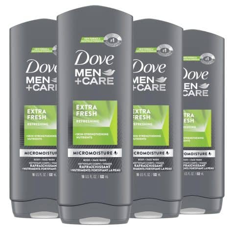 Dove Men+Care Extra Fresh Body Wash eliminates bacteria and nourishes your skin, in a pack of four 18 fl oz bottles.