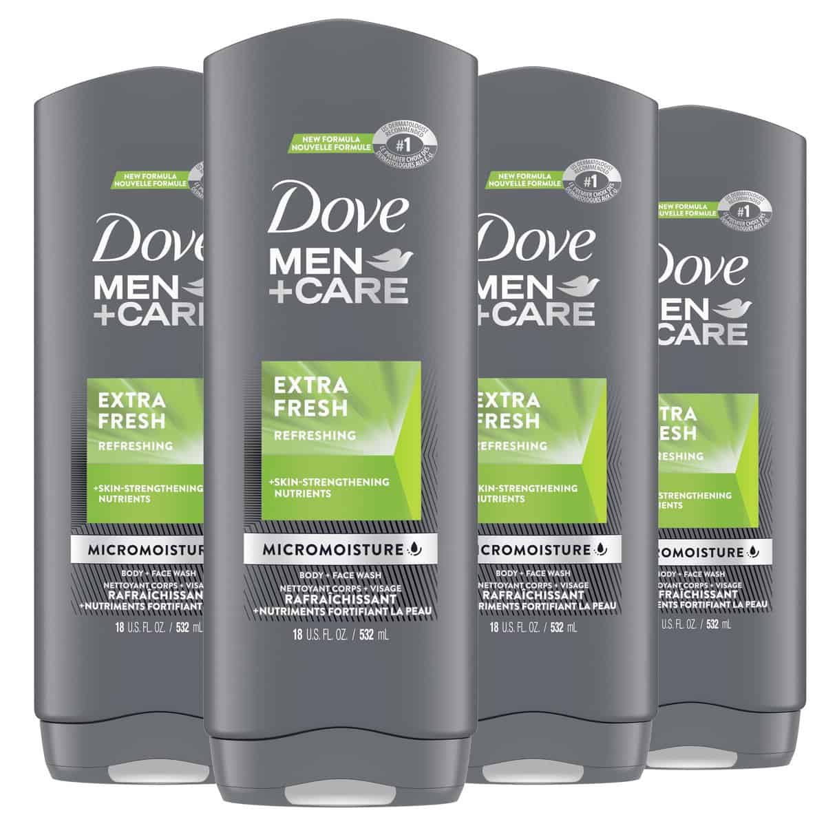 DOVE MEN + CARE Body Wash Extra Fresh for Men's Skin Care Body Wash Effectively Washes Away Bacteria While Nourishing Your Skin, 18 Fl Oz (Pack of 4)