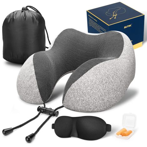 MLVOC Memory Foam Travel Pillow Set, with Sleep Mask, Earplugs, and Luxury Bag, in Grey