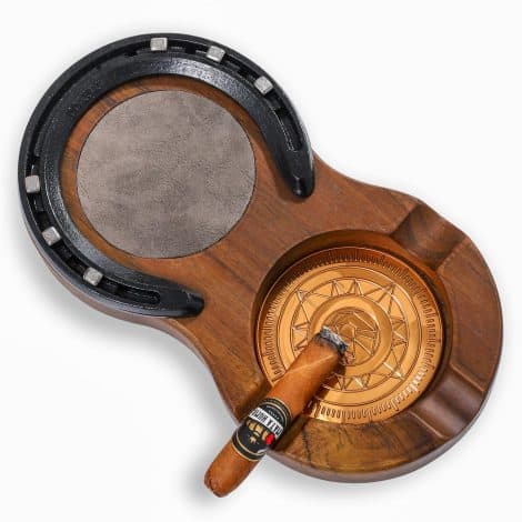 Handcrafted Brown Horseshoe Cigar Set: Wood Ashtray, Coaster, Whiskey Tray & Accessories for Men; Perfect Indoors or Outdoors.