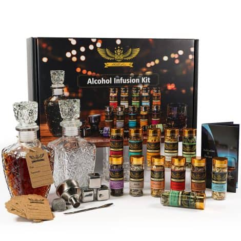 The “DIY Booze Blend Kit” lets you make your own flavored spirits like whiskey, gin, and tequila. Perfect for men’s birthdays and anniversaries.