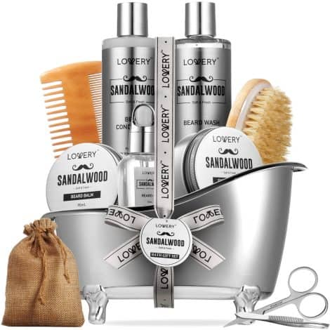 Christmas Men’s Gift Set, Sandalwood Beard Kit, Grooming Set for Men including Beard Straightener, Wash, Growth Oil. Perfect for Boyfriend, Dad, Him.