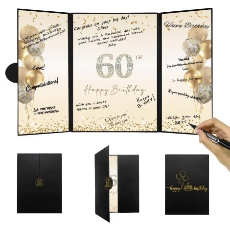 DARUNAXY Black Gold 60th Birthday Celebration Set: Unique Guest Book & Party Decorations for Men and Women.