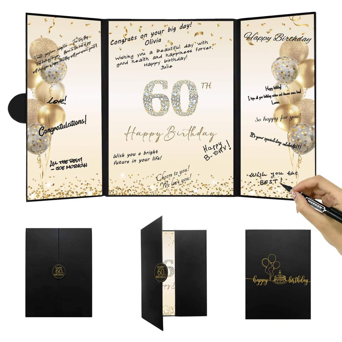 DARUNAXY Black Gold 60th Birthday Party Decorations, Happy 60th Birthday Alternative Signature Guest Book for Men Women Cheers to 60 Years Old Gifts 60 Birthday Signing Card Board Party Supplies