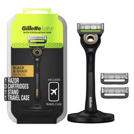 Gillette Labs Men’s Razor Gold Edition: Smooth & Exfoliate Kit with Handle, Refills, Travel Case, and Stand.