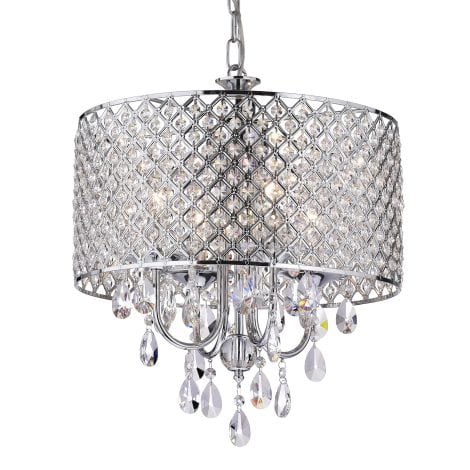 Edvivi Marya 4-Light Chrome Round Crystal Chandelier | Elegant Drum Shade with Beaded Detailing.