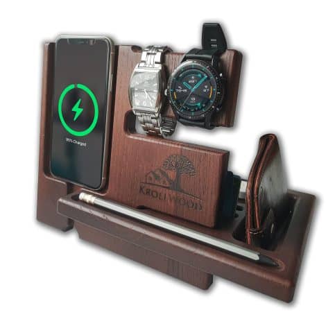 KROLLWOOD Men’s Docking Station – Authentic Oak Wood Nightstand Organizer – Handcrafted, Durable, Perfect for Phone, Watch, and More.