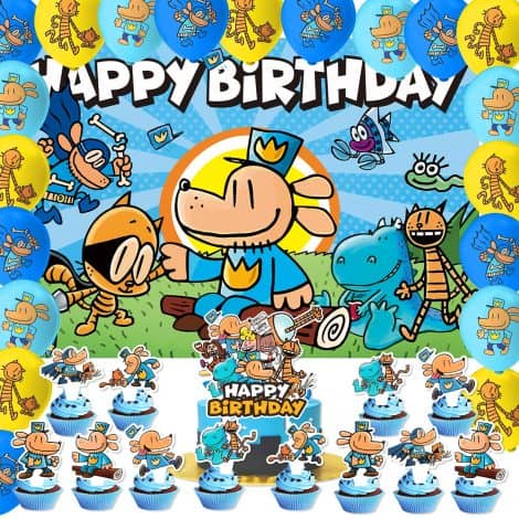 Celebrate your child’s birthday with the DaLizA Dog Man Party Bundle – includes backdrop, cake topper, and balloons!