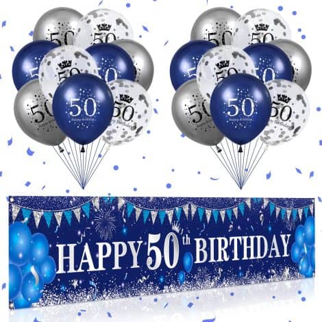 RUMIA Blue 50th Birthday Party Decorations set: Banner, Backdrop and Balloons for a special celebration!