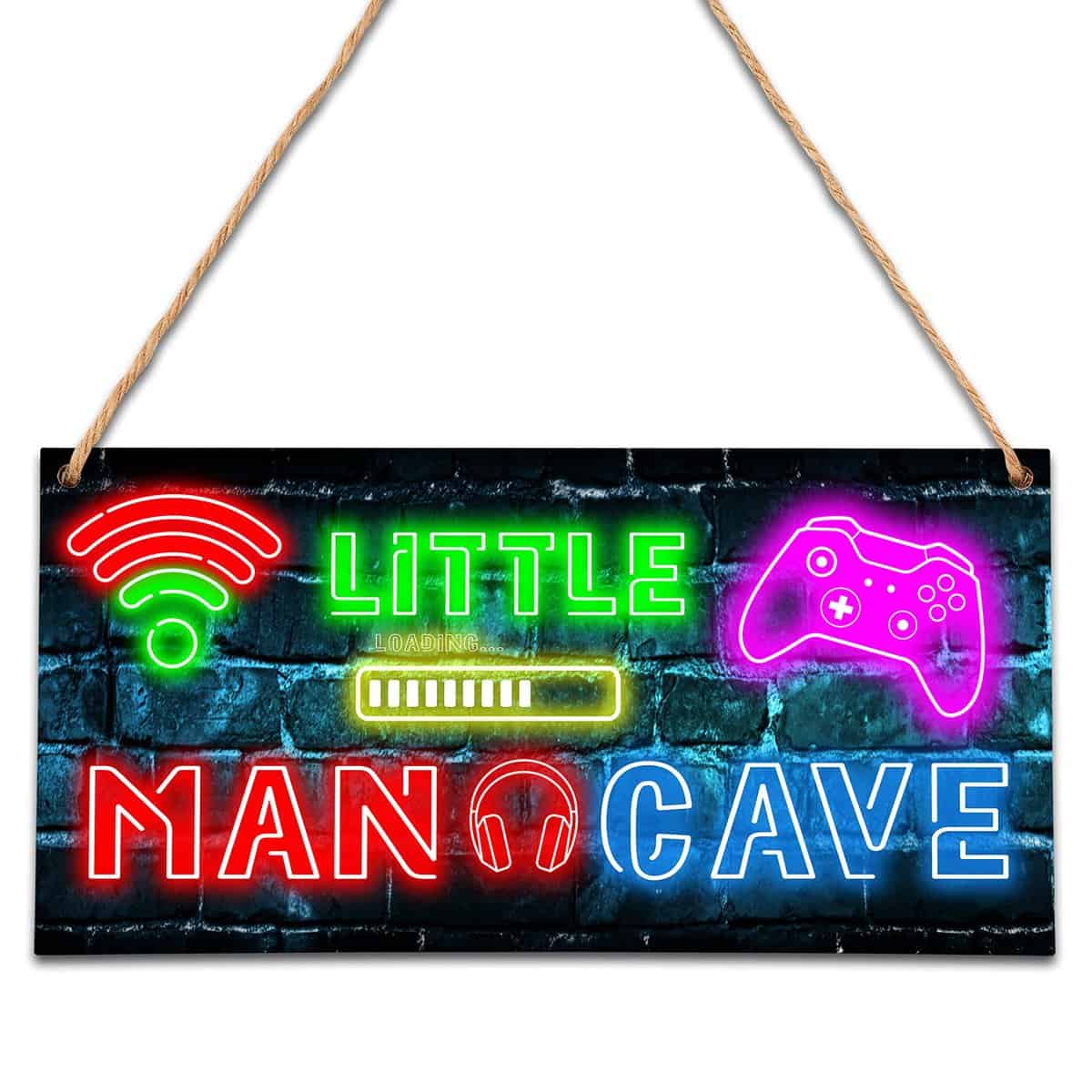 ZIIUFRN Little Man Cave, Neon Gaming Wooden Door Sign for Gamer Room Decor, Boys Decorations for Bedroom Nursery Playroom Wall Art (5"x10") -A06