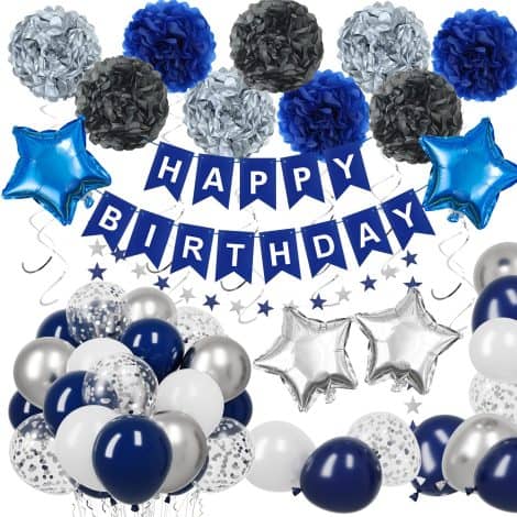 Navy Blue Party Decor set with balloons, flower pompoms, and birthday banner for various ages.