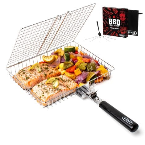 SHIZZO BBQ Grill Basket – Foldable, Stainless Steel Basket with Handle for Fish, Shrimp, Veggies, and More. Perfect for Outdoor Grilling.