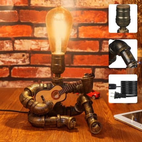 Steampunk Music Lover’s Lamp: Unique GoHoKi Table Lamp with Antique Guitar Design, Edison Bulb & Retro Robot Look