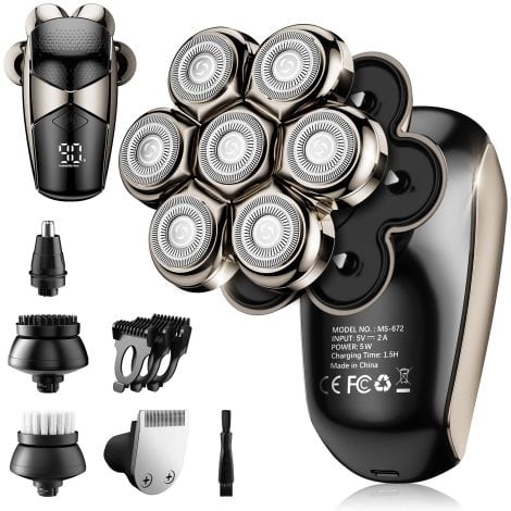 Bald Eagle 5-in-1 Waterproof Electric Razor: 7D Rotary Shaver Kit, LED Display, Type-C Charge.