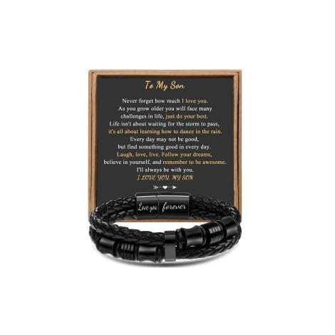 JoycuFF Mom to Son Black Leather Bracelet – Timeless Love Jewelry for Birthday, Anniversary, or Graduation.