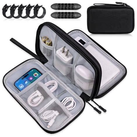 Black Travel Case for Electronics, with Double Layers for Cables, Phone, Charger, and Accessories, Water Resistant.