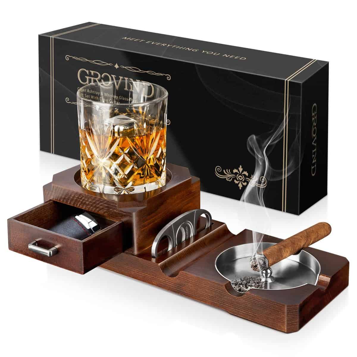 Cigar Ashtrays, Whiskey Glass Tray and Wooden Ash Tray Detachable Outdoor Ashtray for Cigarettes, Cigar Accessories Gift Set with Cigar Cutter, Great Decor for Home Office Cigar Gifts for Men