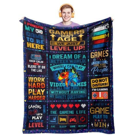 Gamer-themed blanket perfect for guys, teens, boyfriends. Ideal gift for gamers. Cool addition to gaming room. Size: 60″X 50″.