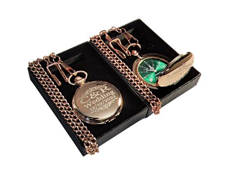 Eternal Engraving Pocket Watch: A personalized wedding gift, including custom box, chain, and engraving. Green dial with silver Roman numerals. (Rose Gold)