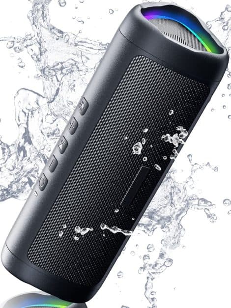 High-quality Bluetooth speaker in black, suitable for home, party, beach, with 24-hour battery, waterproof, and portable.