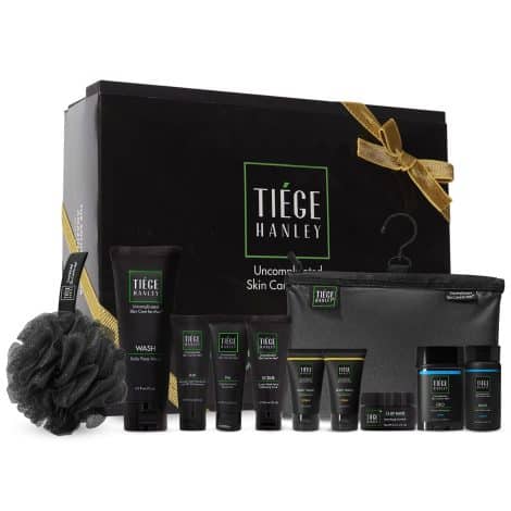 Tiege Hanley Men’s Skin Care Gift Box Set, Gold – Complete skincare package for men featuring face wash, moisturizers, mask, deodorant, and more.