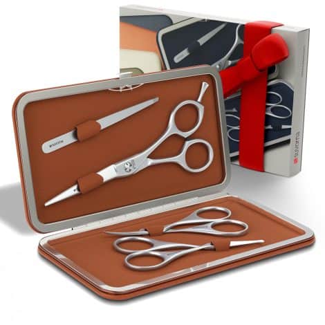 Men’s Grooming Set for beards and mustaches: Suvorna Premium Scissors, Nose Scissors, Eyebrow Scissors, and Slant Tweezers.