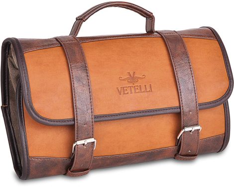 Water-resistant Vetelli leather toiletry bag for men with 2 zippered and 2 snap-fastened internal pockets, plus hanging hook.