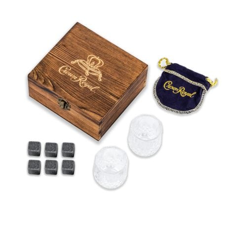 Father’s Day gift set for whiskey lovers – Crown Royal Bourbon Glass and Stone Set in a wooden box. Includes 2 glasses, 6 chilling stones, and a velvet pouch.