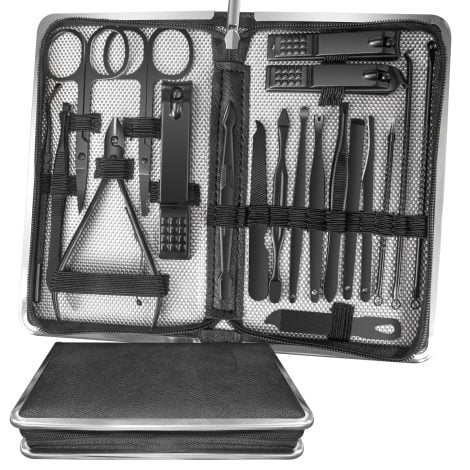 Black Professional Manicure and Pedicure Kit for Men, with Travel Case – 20-in-1 Grooming Set