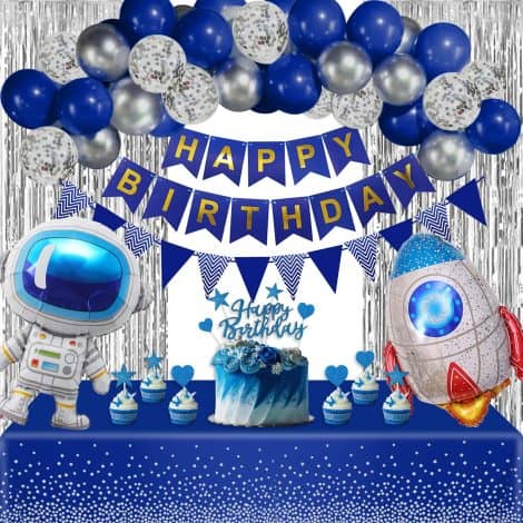 Blue and Silver Birthday Party Set for Boys, Outer Space Theme, Balloon, Banner, Tablecloth, and Curtain. Perfect for Ages 12-40.