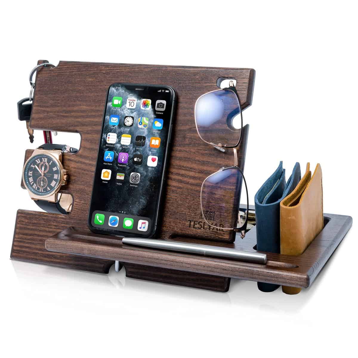 TESLYAR Wood Phone Docking Station Ash Key Holder Wallet Stand Watch Organizer Men Husband Wife Anniversary Dad Birthday Nightstand Purse Father Graduation Male Travel Idea Gadgets (Wenge)