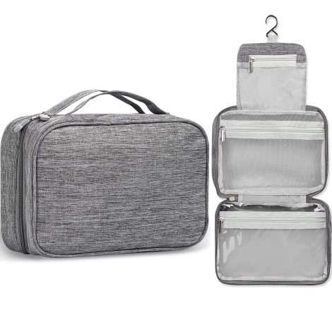 Waterproof travel toiletry bag in gray, suitable for both men and women, with hanging hook.