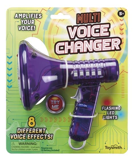 The Toysmith Tech Gear Multi Voice Changer enhances your voice with 8 different effects. Suitable for ages 5 and up, colors may vary.