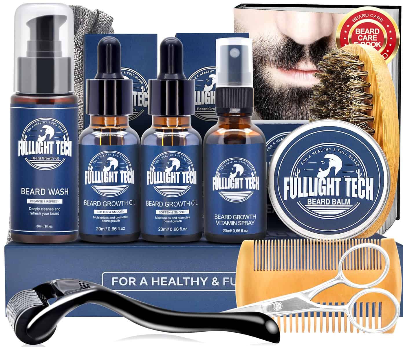 FULLLIGHT TECH Beard Kit,Beard Grooming Kit for Men w/Beard Oil,Beard Brush,Beard Balm/Mustache Wax,Wash,Comb,Scissors,Mens Beard Care Gifts for Men Husband Boyfriend Dad,Stocking Stuffers for Men Christmas Gifts